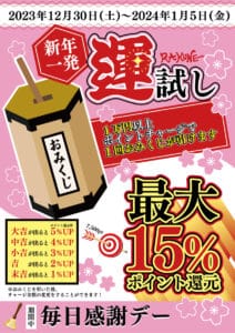 最大15%ポイント還元!!「新年一発☆運試し」開催12/30(土)〜1/5(金)